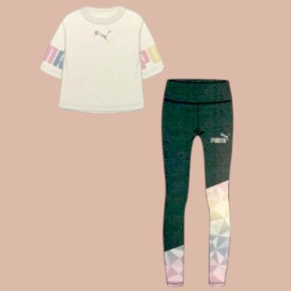 Puma Girl's Cream/Grey 2 Piece Short sleeve Top and Leggings All Day Comfort Set